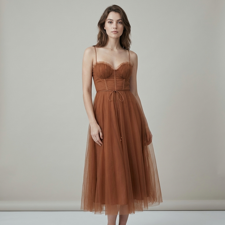 Abito Midi Elegante Donna Caramello in Raso e Mesh