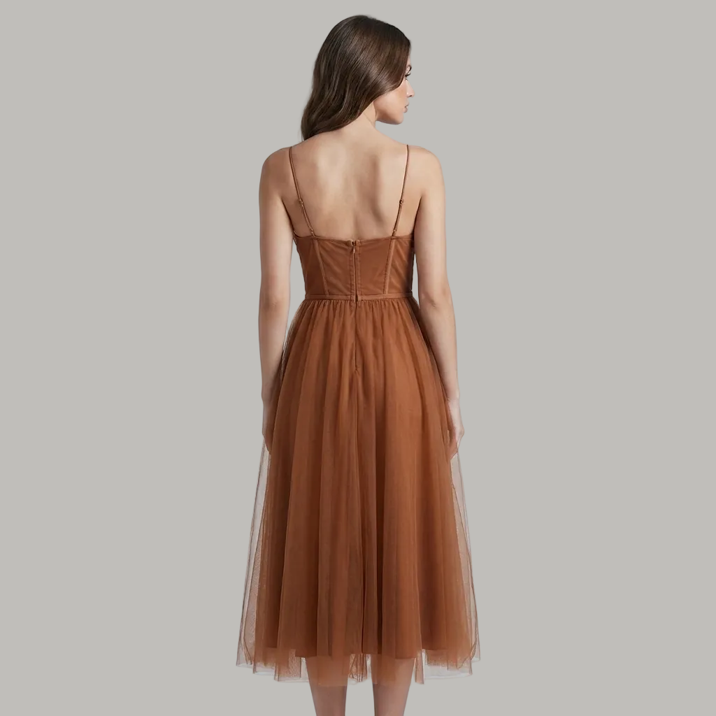 Abito Midi Elegante Donna Caramello in Raso e Mesh