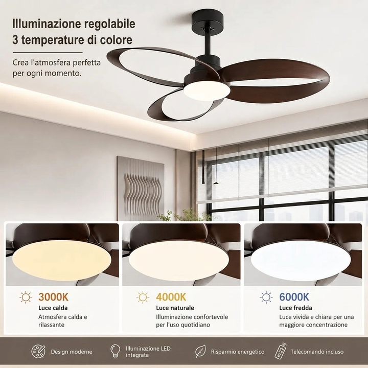Ventilatore a Soffitto in Legno con Luce LED – Design Elegante e Silenzioso