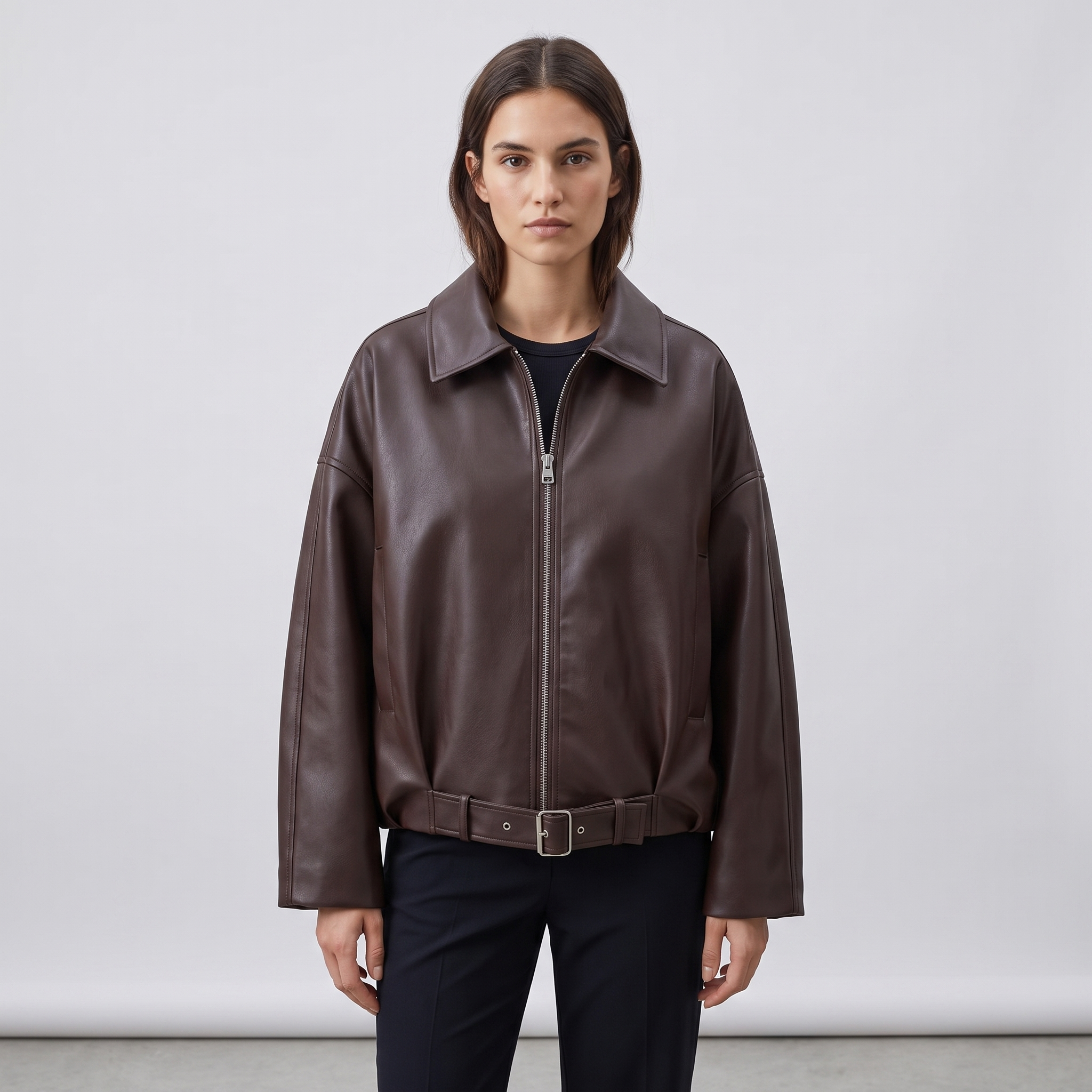 Giacca in Pelle Donna Bomber Oversize Cintura