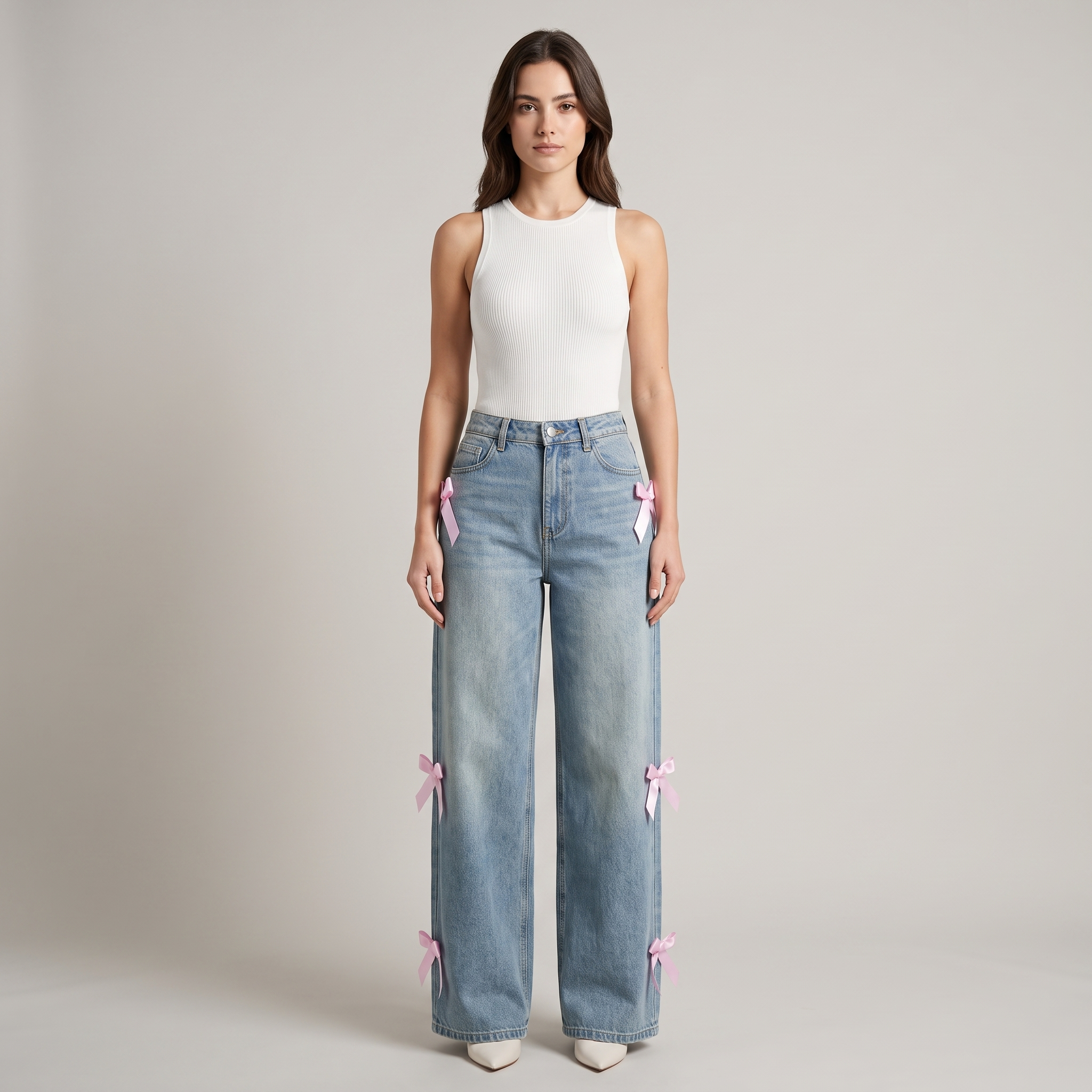 Baggy Jeans Donna Vita Alta Fiocchi Rosa