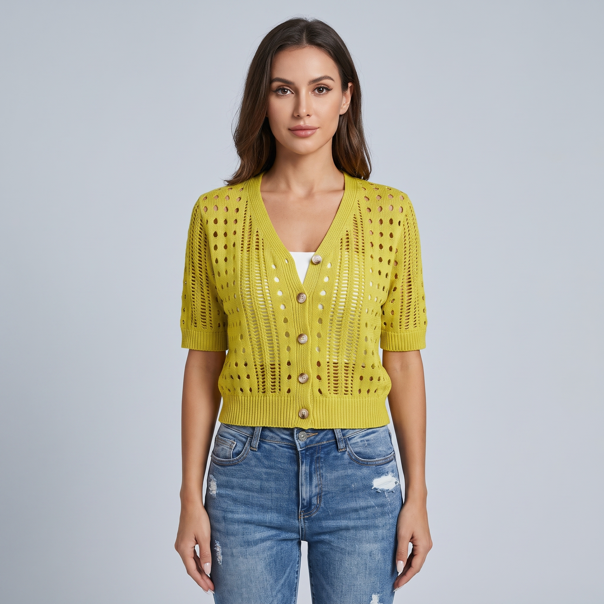 Cardigan Donna in Maglia Traforata Corto Manica Corta