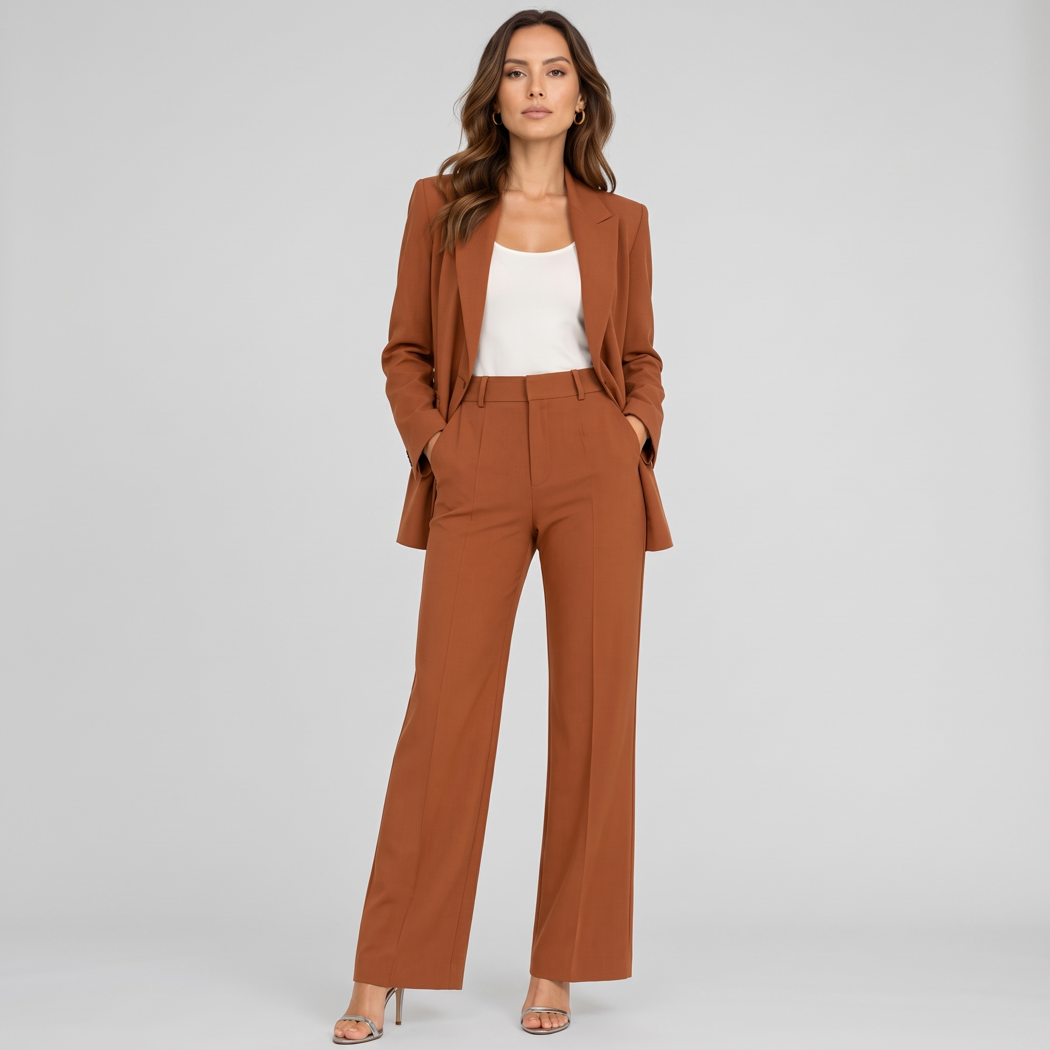 Tailleur Donna Suit con Blazer Strutturato e Pantalone a Vita Alta