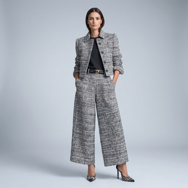 Tailleur Donna Suit in Tweed con Giacca Corta e Pantalone Palazzo