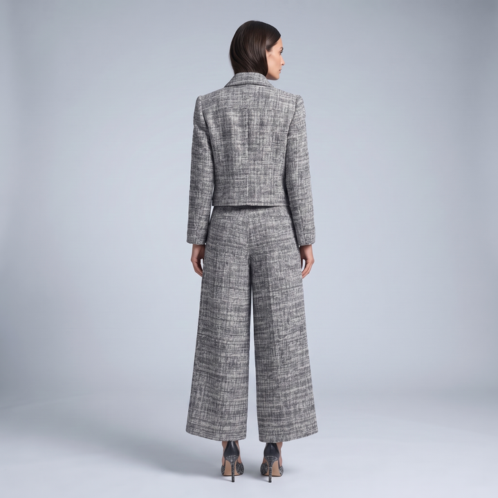 Tailleur Donna Suit in Tweed con Giacca Corta e Pantalone Palazzo