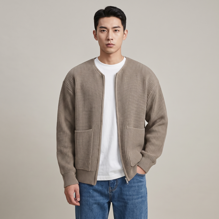 Cardigan Uomo in Maglia Girocollo con Orlo a Coste