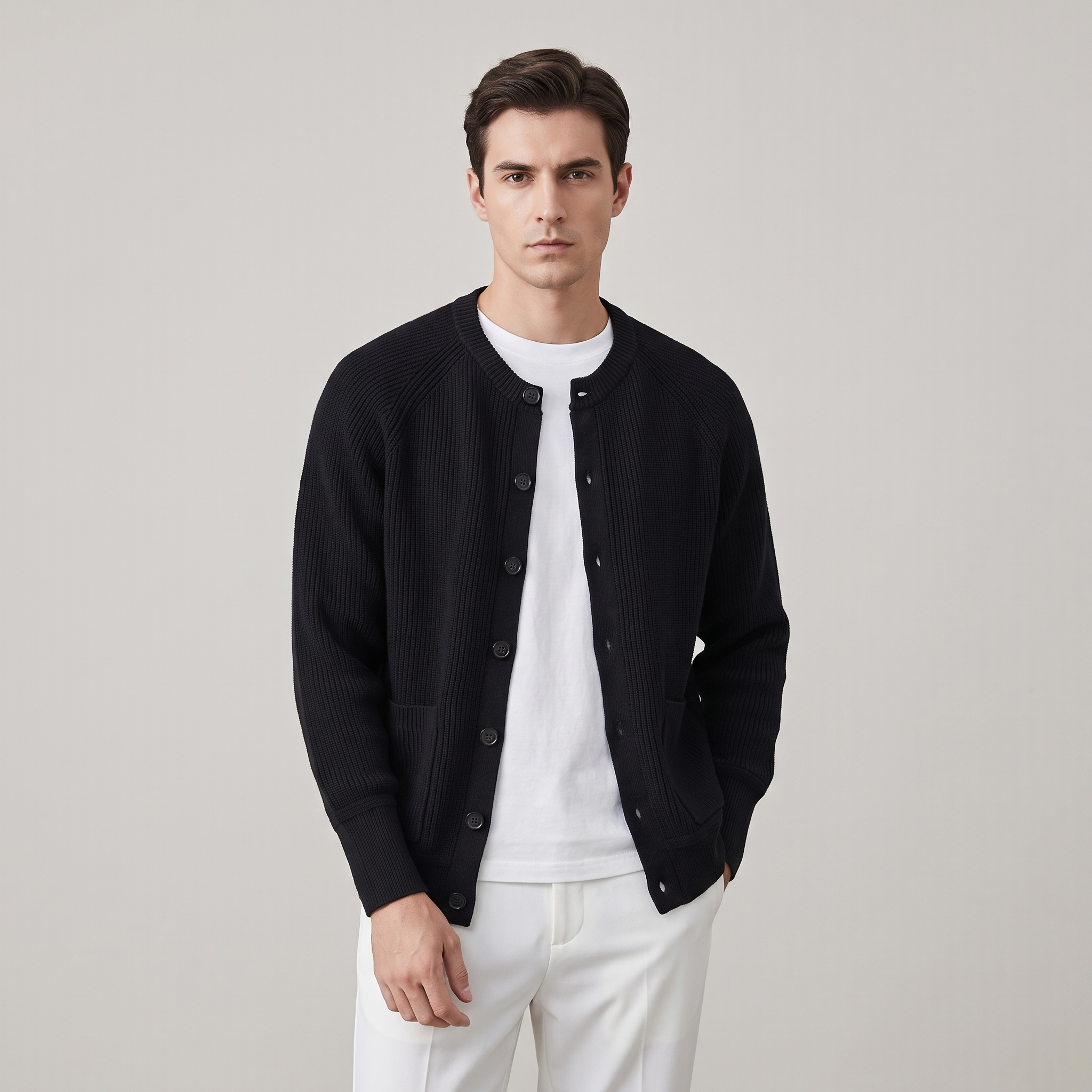 Cardigan Uomo Girocollo Slim Fit a Tinta Unita