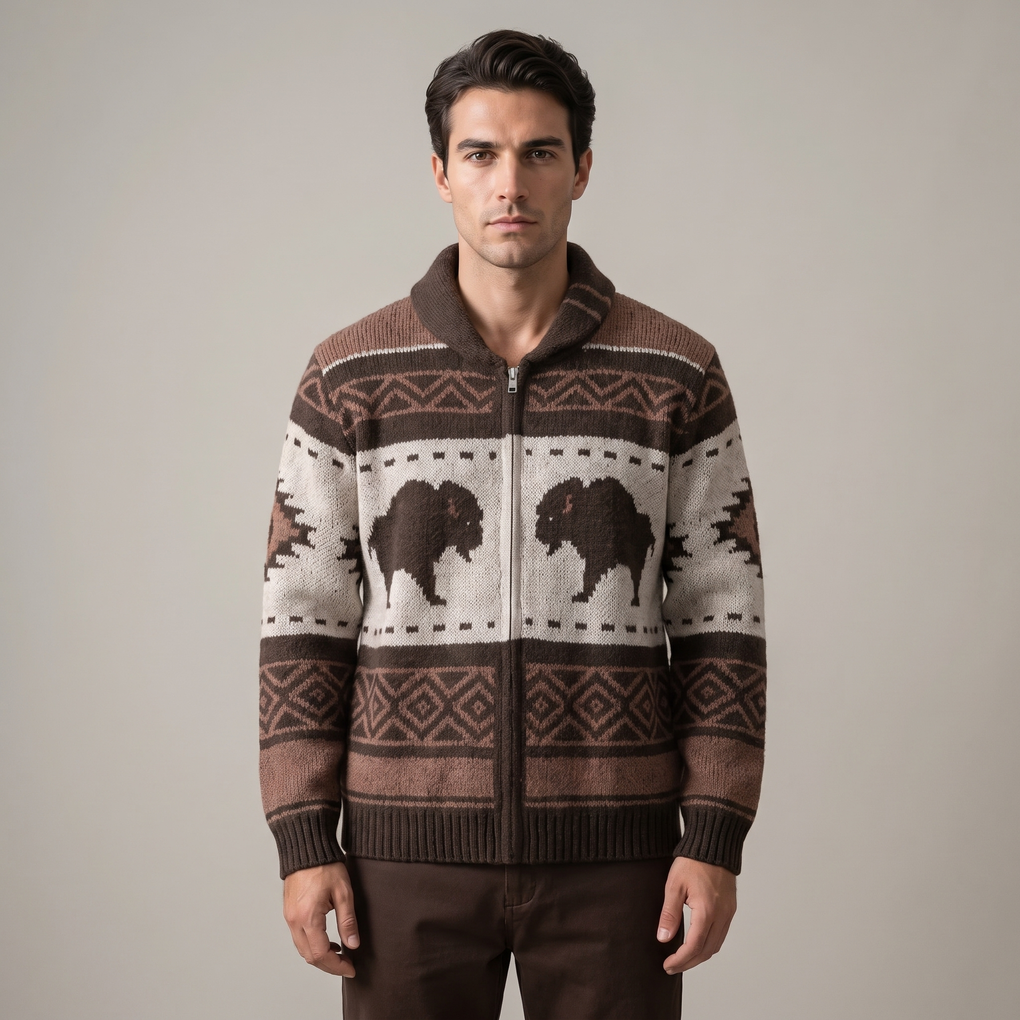 Cardigan Uomo Stampa Buffalo Zip Intera Invernale