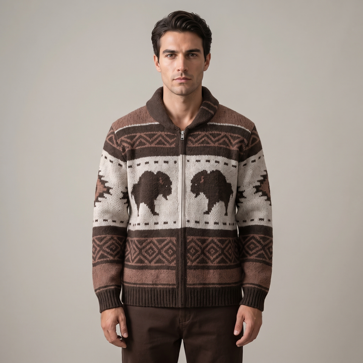 Cardigan Uomo Stampa Buffalo Zip Intera Invernale
