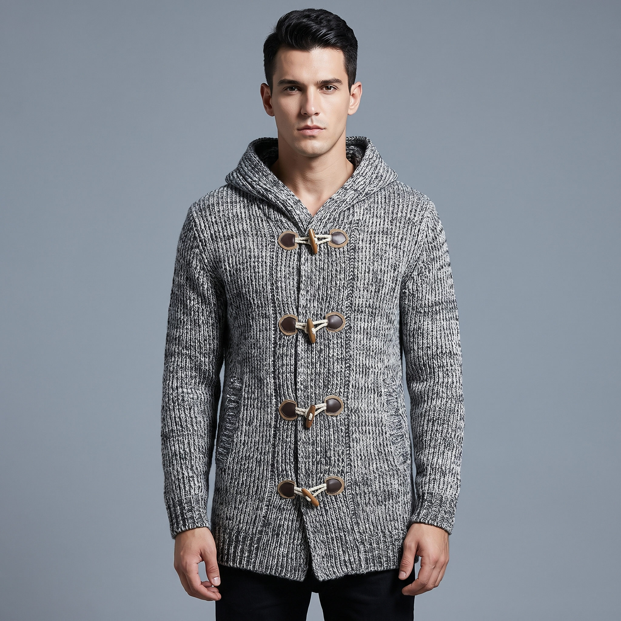 Cardigan Uomo in Lana con Cappuccio e Tasche Laterali
