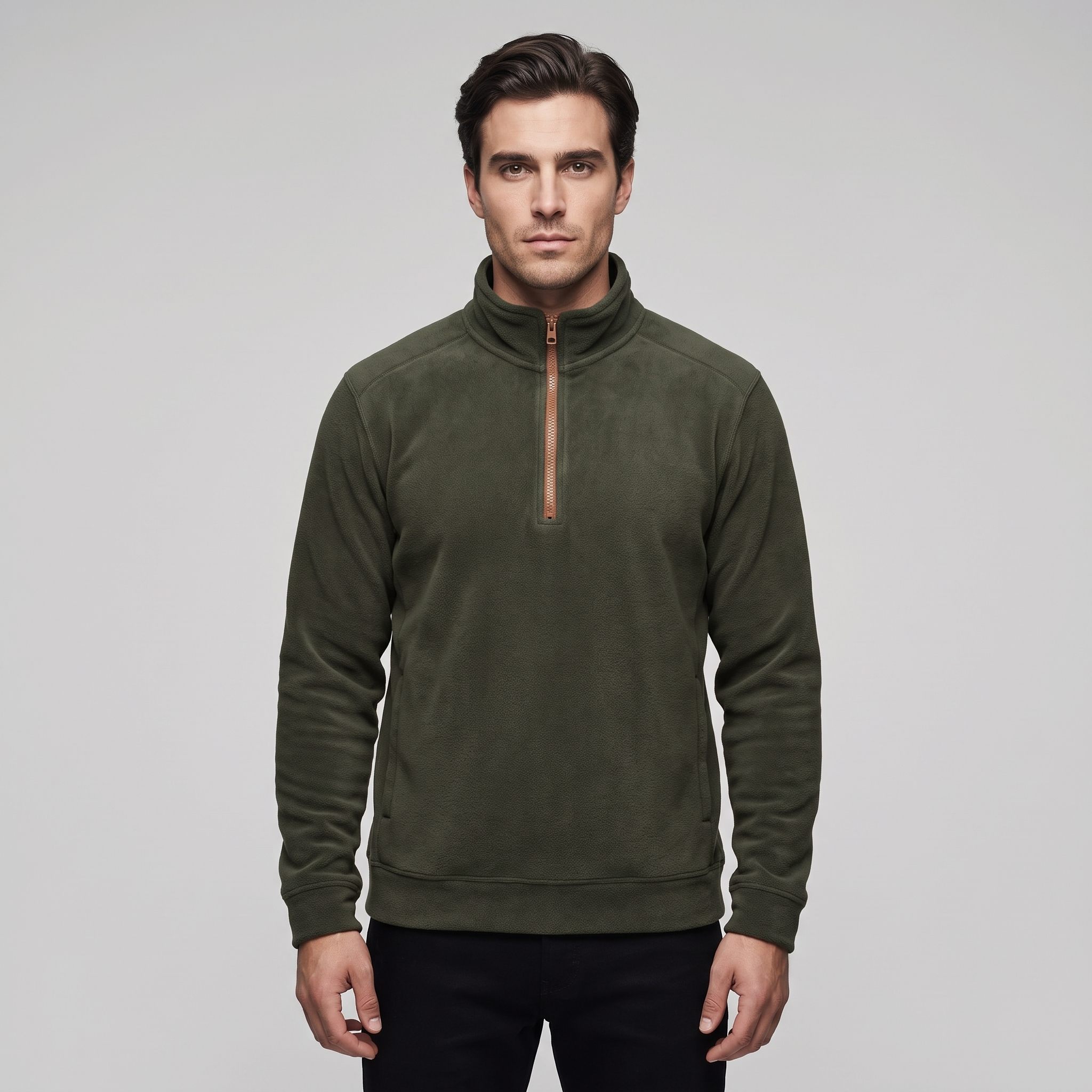 Maglione Fleece Uomo Collo Alto Mezza Zip Tasche Laterali