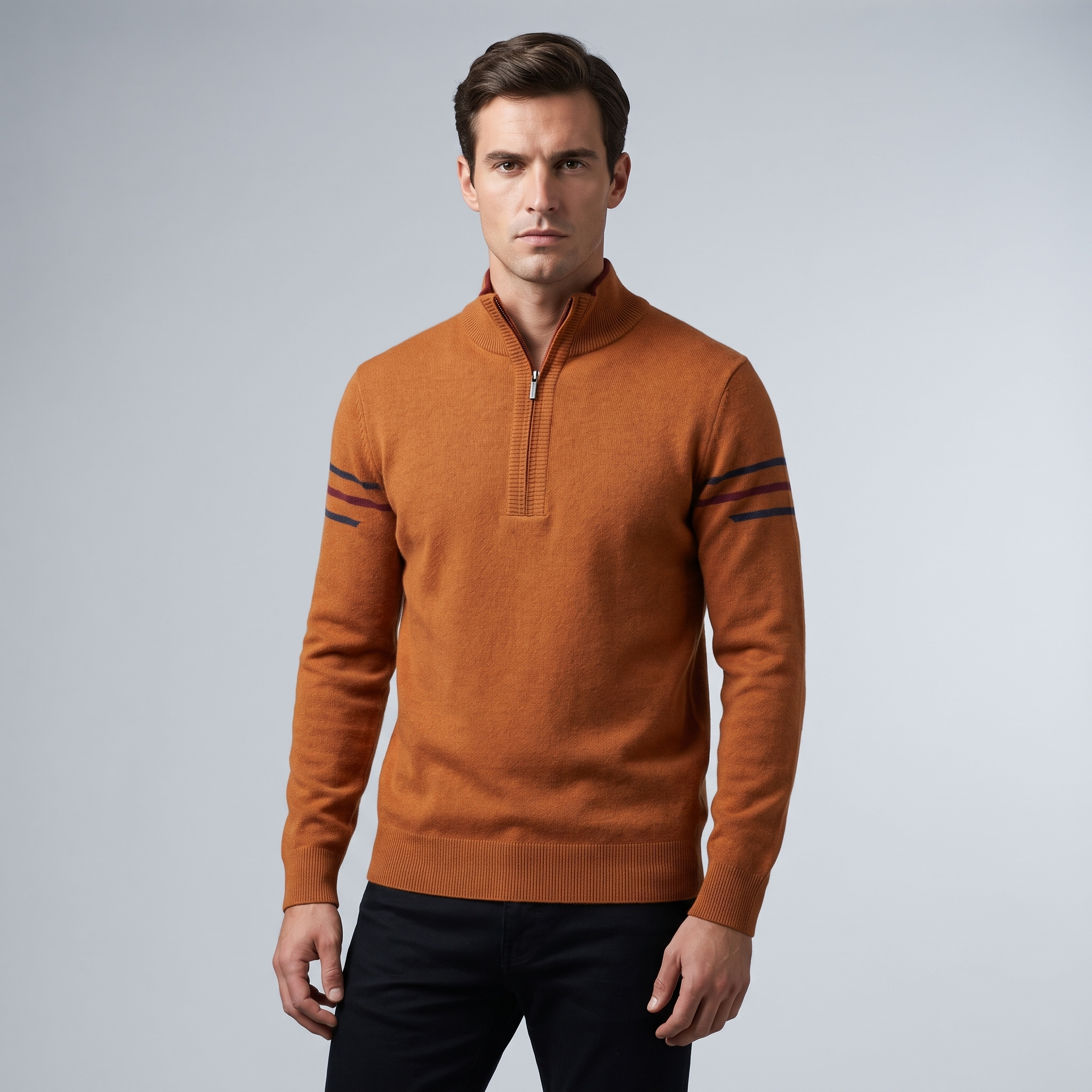 Maglione Uomo Quarter Zip Collo Alto con Righe a Contrasto