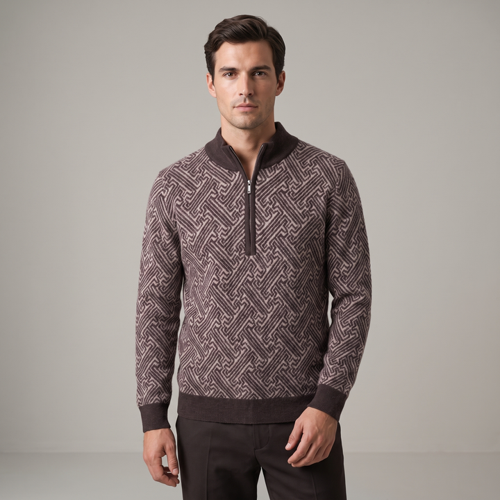 Maglione Uomo in Lana Merino con Zip e Jacquard Geometrico