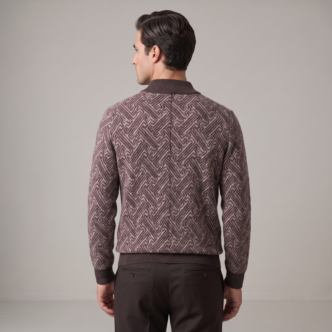 Maglione Uomo in Lana Merino con Zip e Jacquard Geometrico