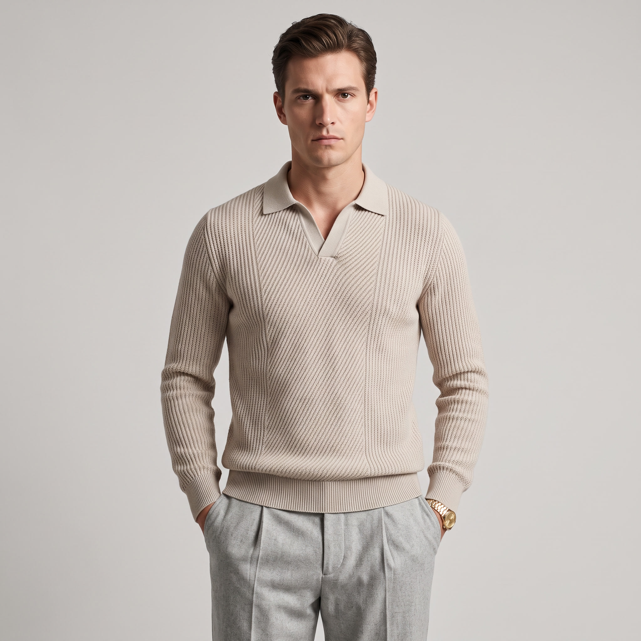 Maglione Uomo a Maglia con Colletto e Texture Jacquard
