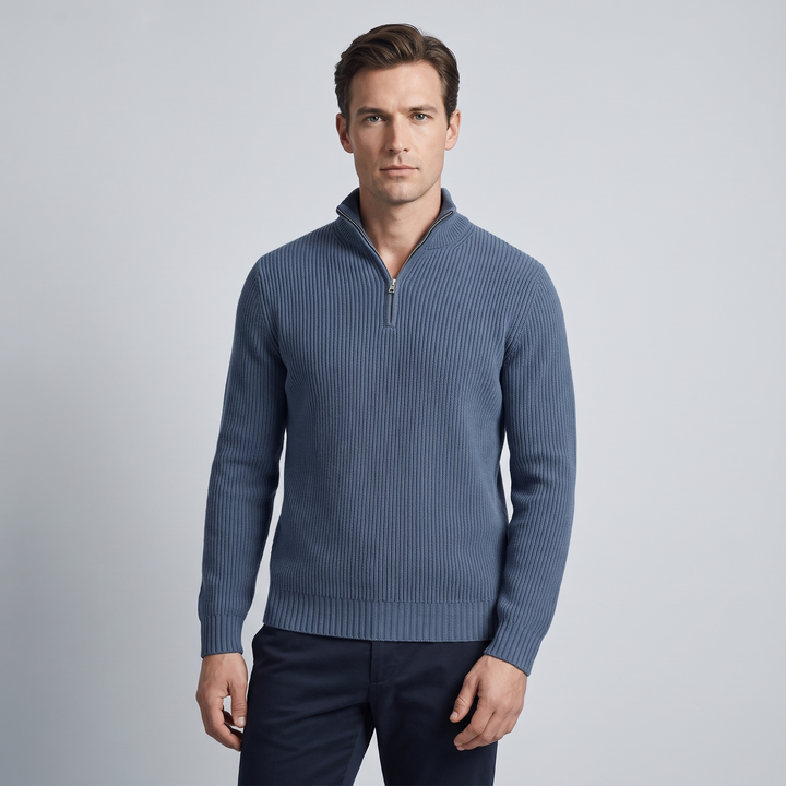 Maglione Uomo con Mezza Zip e Collo a Costine