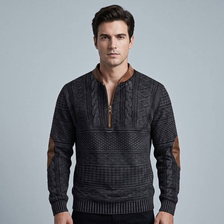 Maglione Uomo a Maglia con Mezza Zip e Toppe ai Gomiti