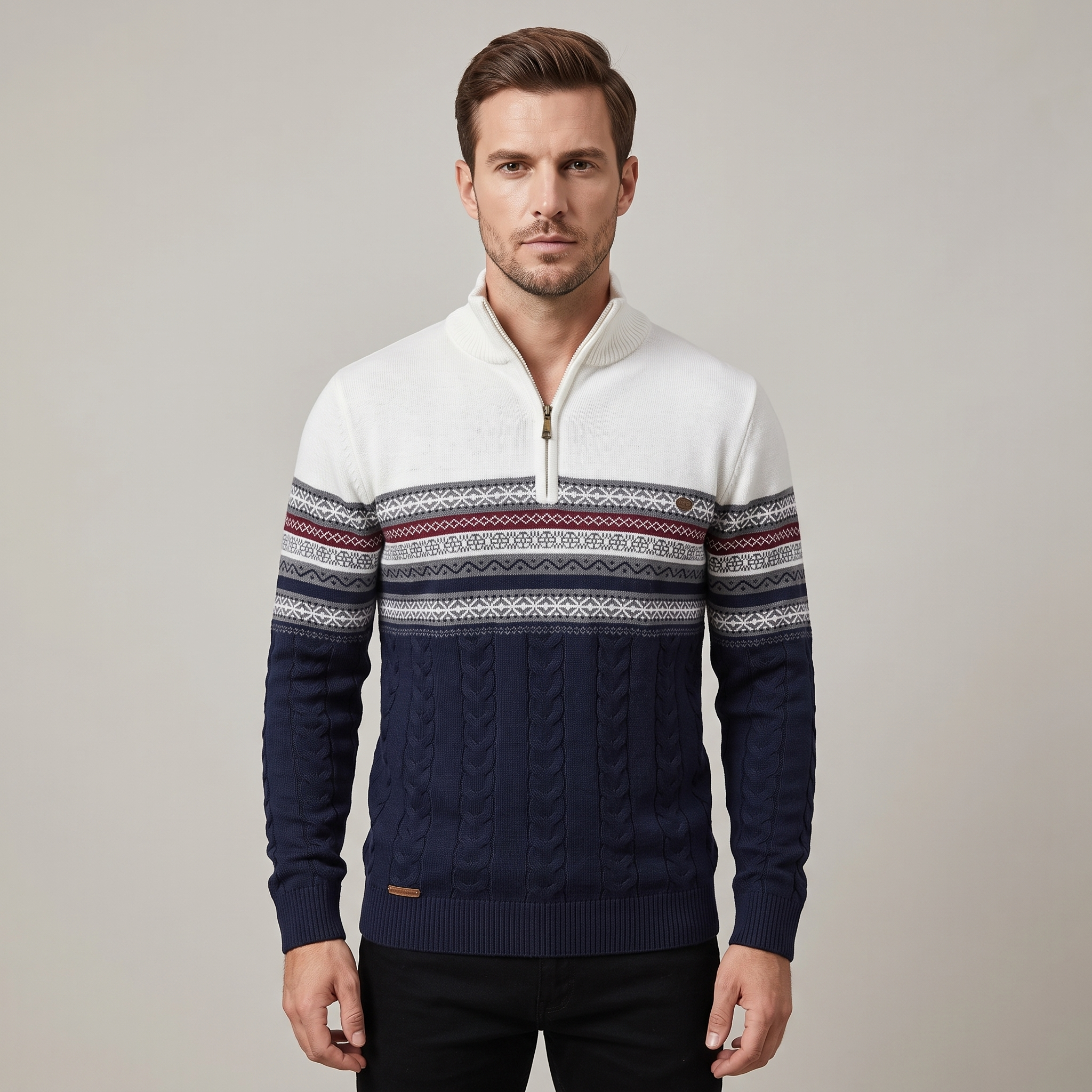 Maglione Uomo in Cotone con Mezza Zip e Motivo Fair Isle