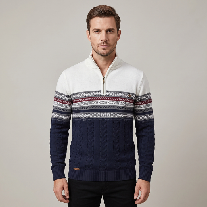 Maglione Uomo in Cotone con Mezza Zip e Motivo Fair Isle