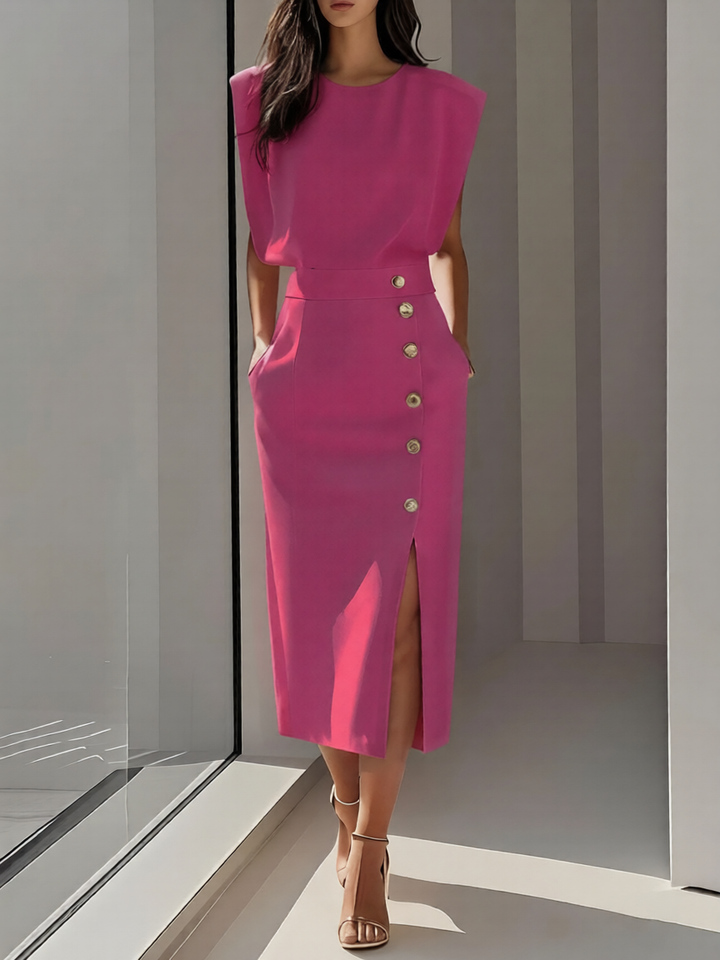Elegante Abito Midi Scollo Rotondo Spacco
