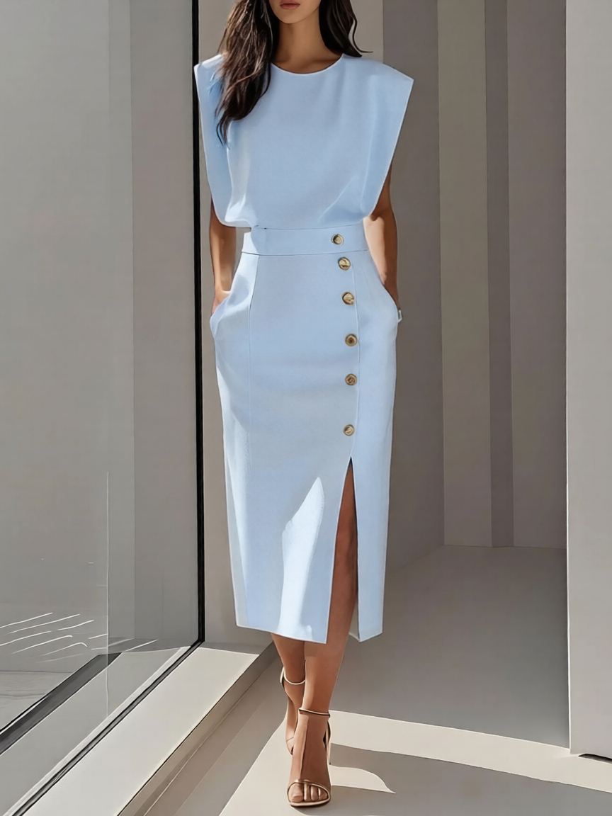 Elegante Abito Midi Scollo Rotondo Spacco