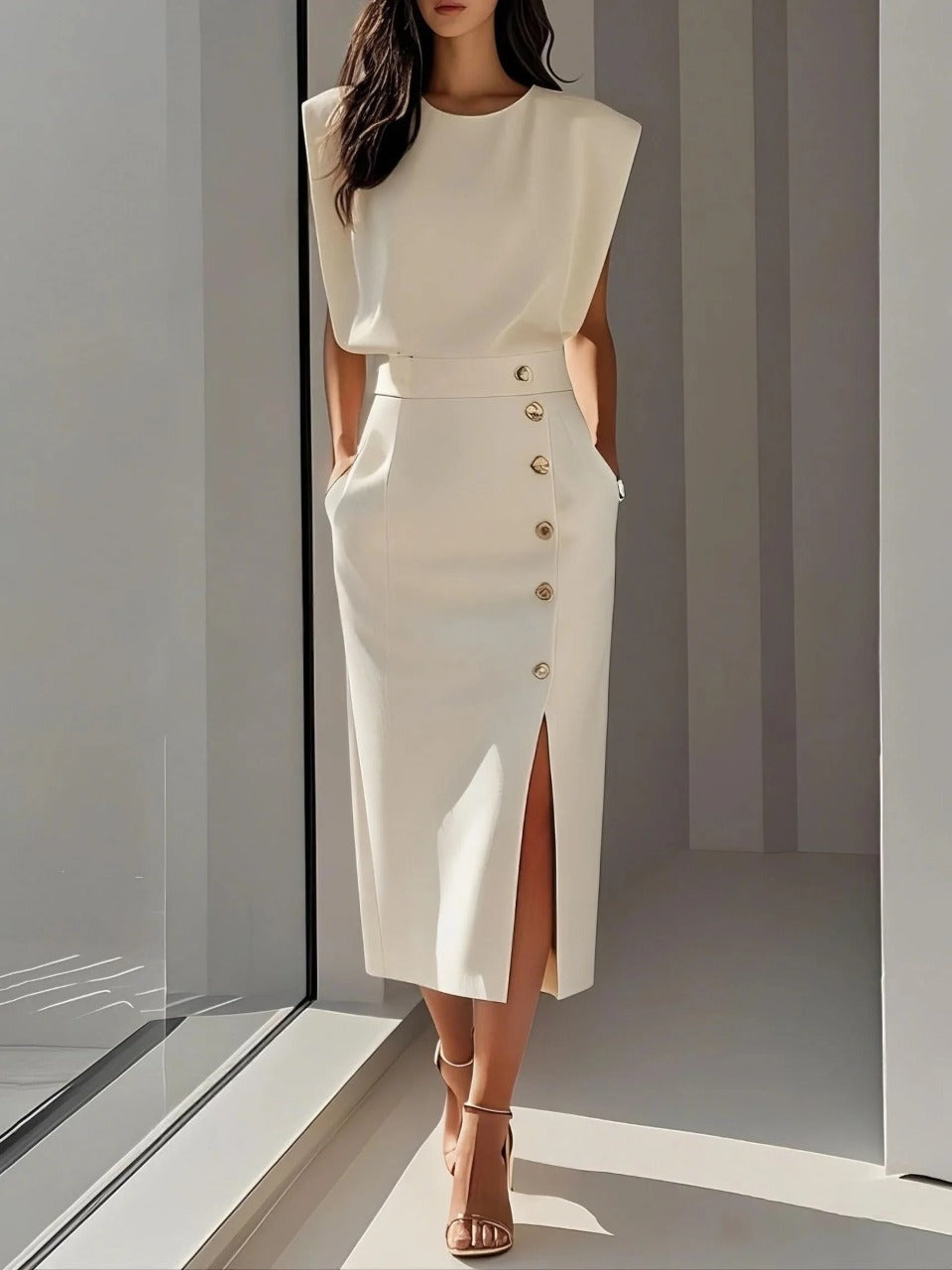 Elegante Abito Midi Scollo Rotondo Spacco
