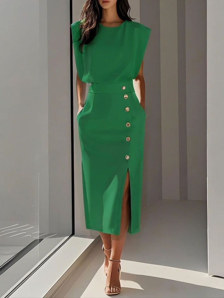 Elegante Abito Midi Scollo Rotondo Spacco