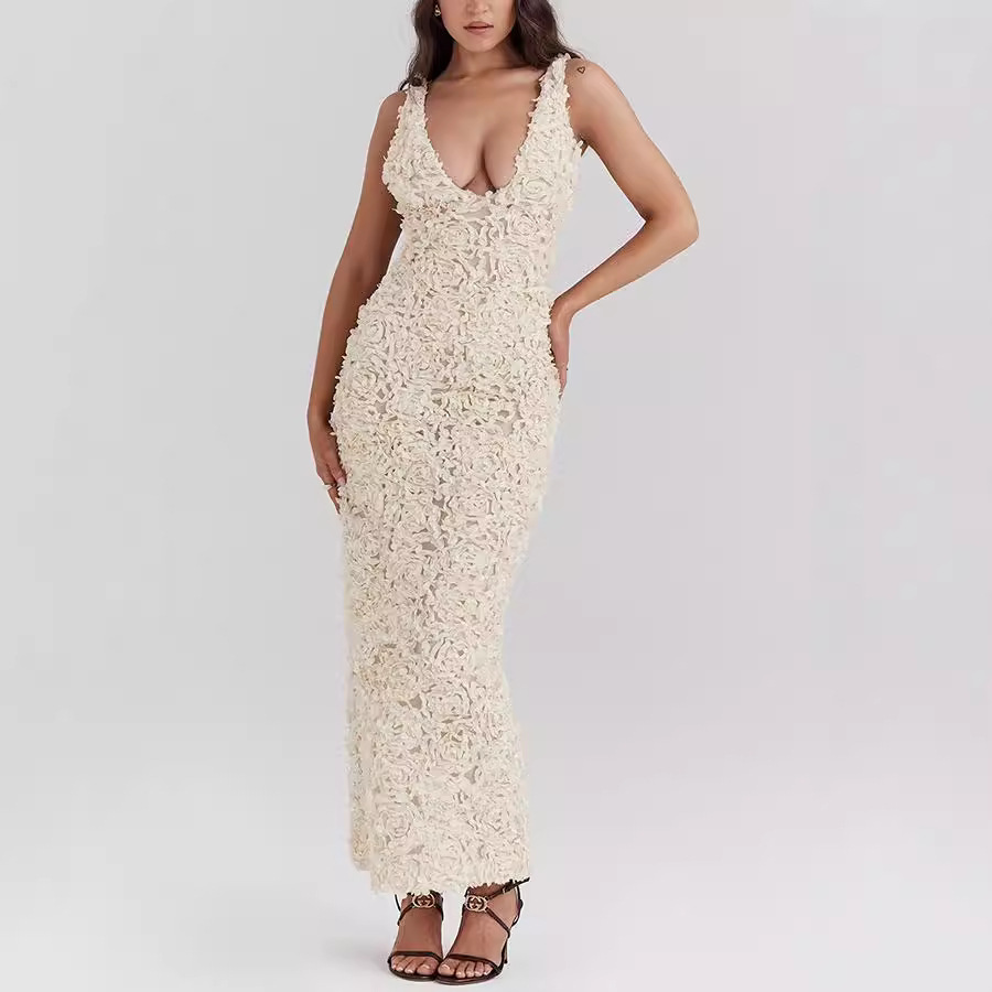 Abito Midi Donna Etereo Pizzo Tubino Spalline Larghe Cerimonia