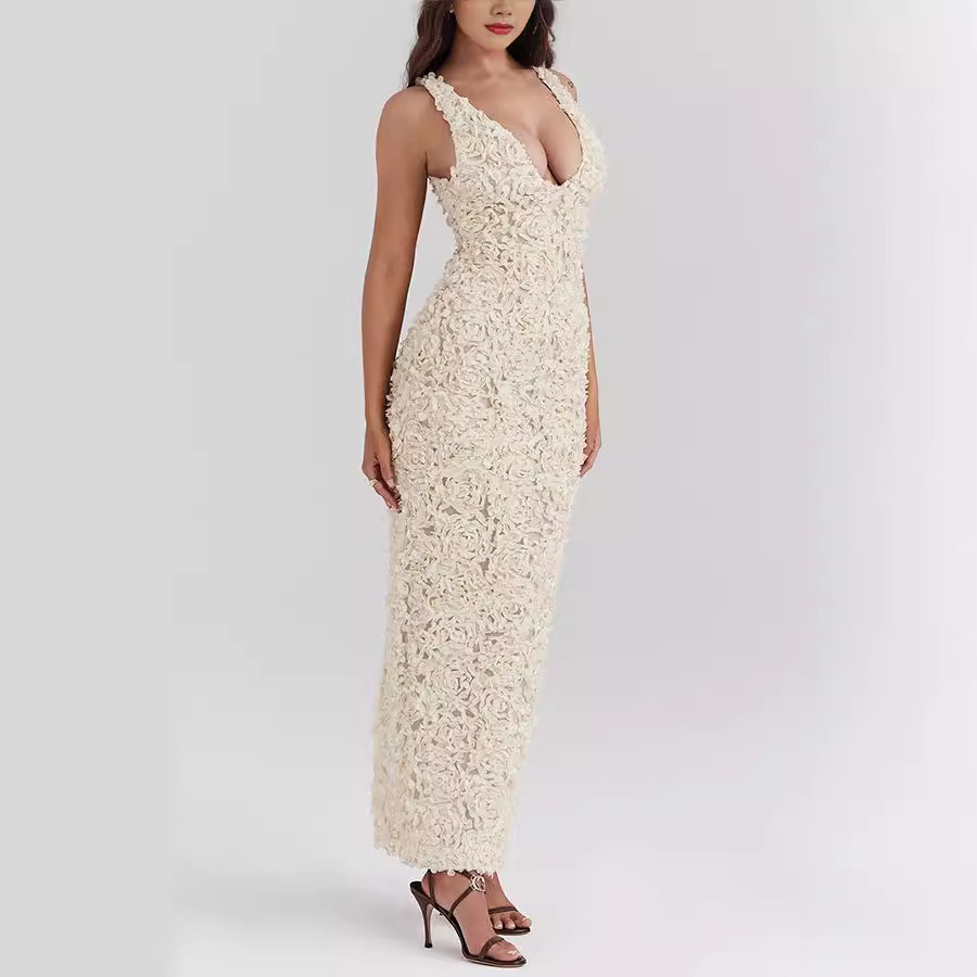 Abito Midi Donna Etereo Pizzo Tubino Spalline Larghe Cerimonia