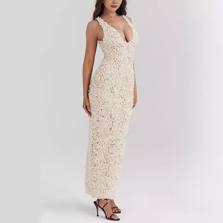 Abito Midi Donna Etereo Pizzo Tubino Spalline Larghe Cerimonia