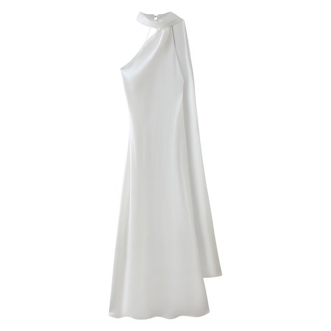 Vestito cerimonia lussuoso blu satin maxi