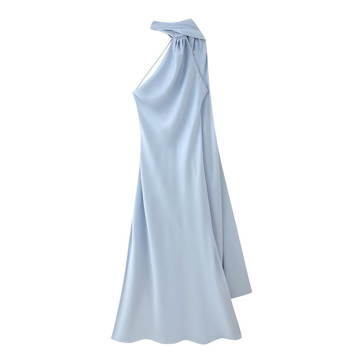 Vestito cerimonia lussuoso blu satin maxi