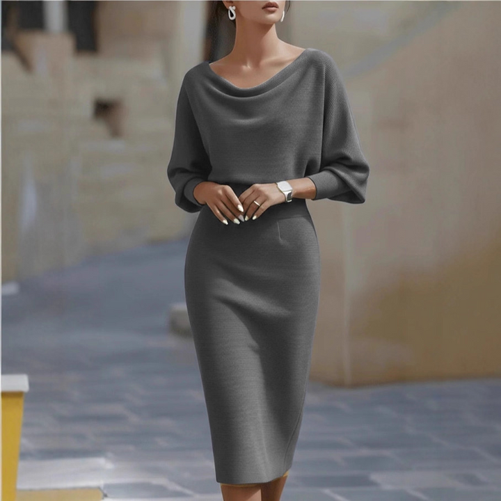 Bianca - Abito midi da donna bianco con maniche a pipistrello drappeggiate