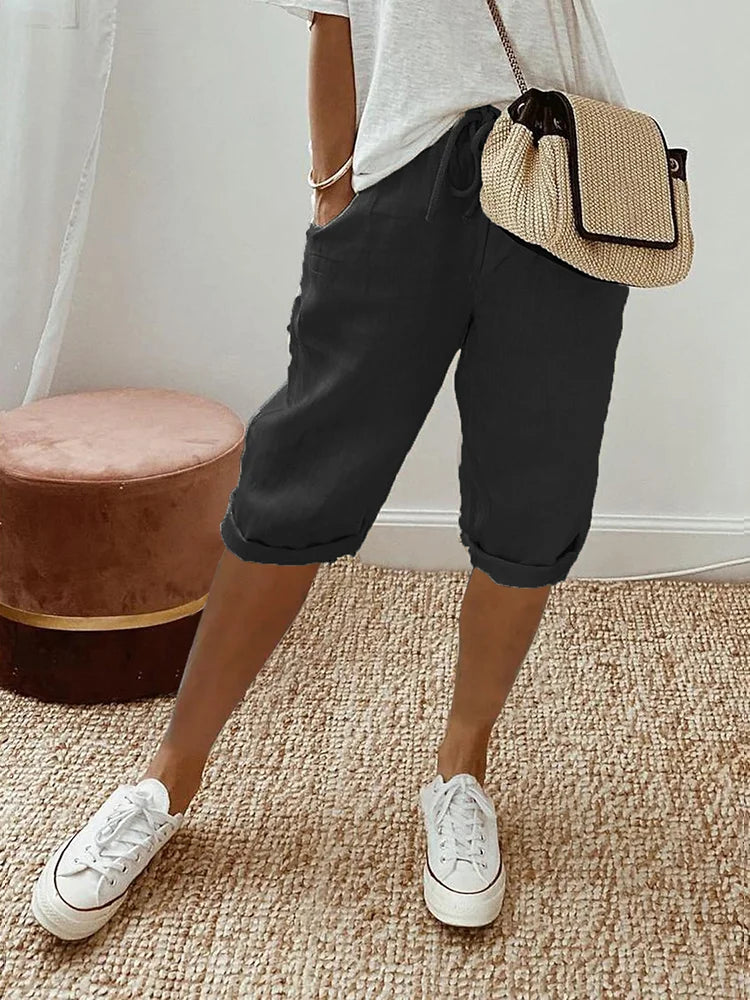 Pantalone Donna in Cotone Taglio Rilassato con Tasche e Coulisse