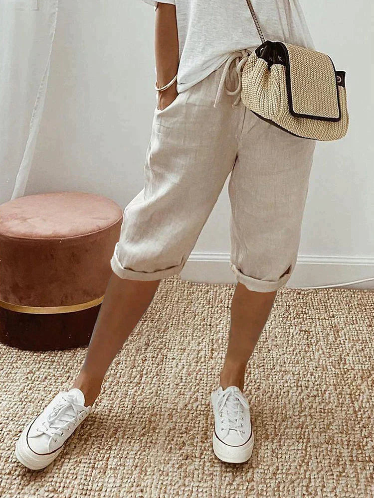 Pantalone Donna in Cotone Taglio Rilassato con Tasche e Coulisse