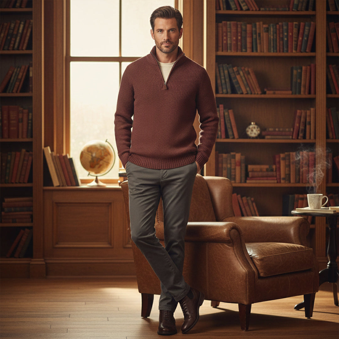 Maglione Uomo con Mezza Zip e Collo a Costine