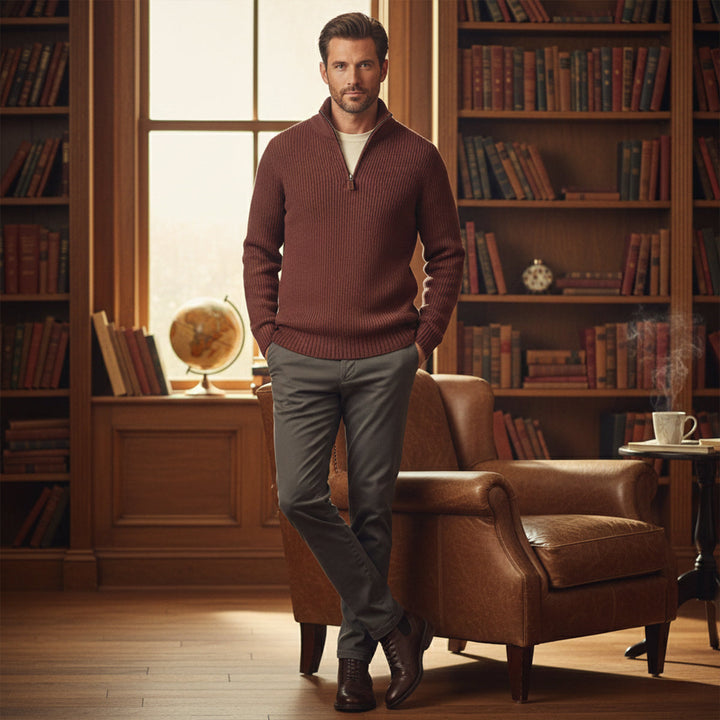 Maglione Uomo con Mezza Zip e Collo a Costine