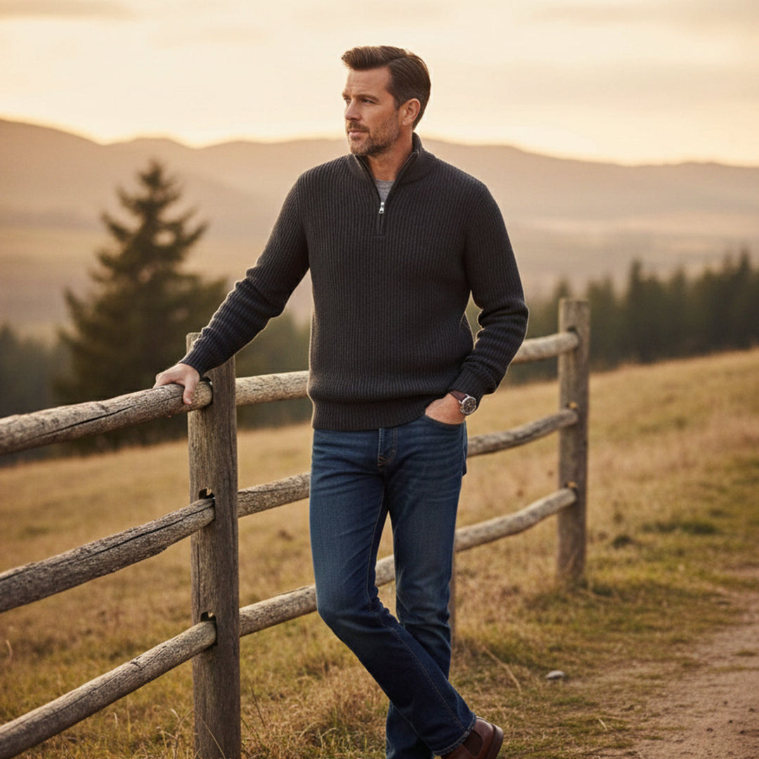 Maglione Uomo con Mezza Zip e Collo a Costine