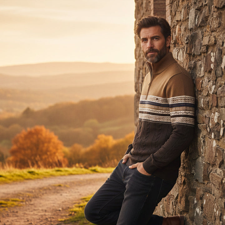 Maglione Uomo in Cotone con Mezza Zip e Motivo Fair Isle