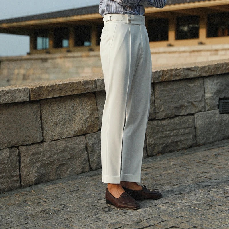 Elegante Pantalone Uomo Doppio Bottone Piega Regolatori Laterali