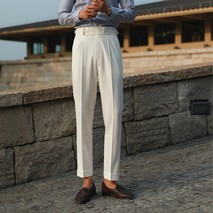 Elegante Pantalone Uomo Doppio Bottone Piega Regolatori Laterali