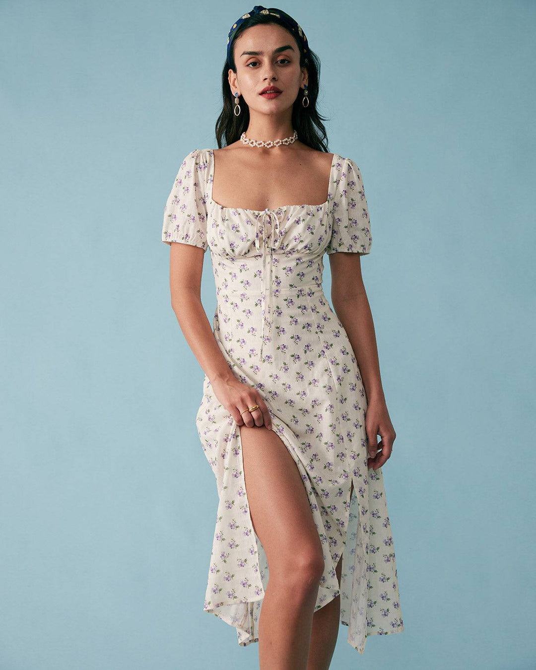 Elegante Abito Midi Floreale Scollo Quadrato Arricciato