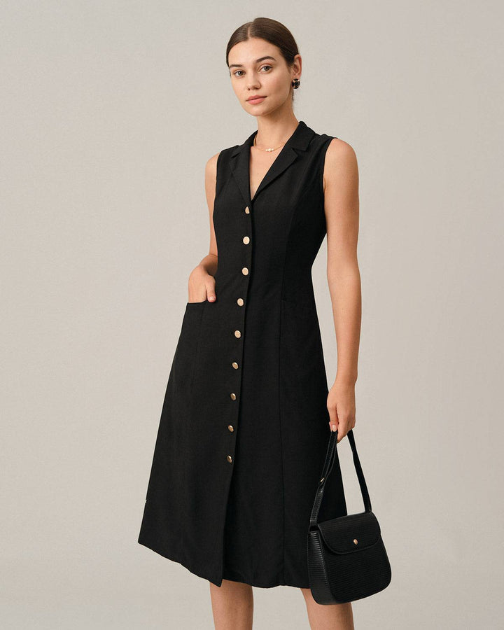 Elegante Abito Midi Nero Donna Scollo V Tunica Ufficio