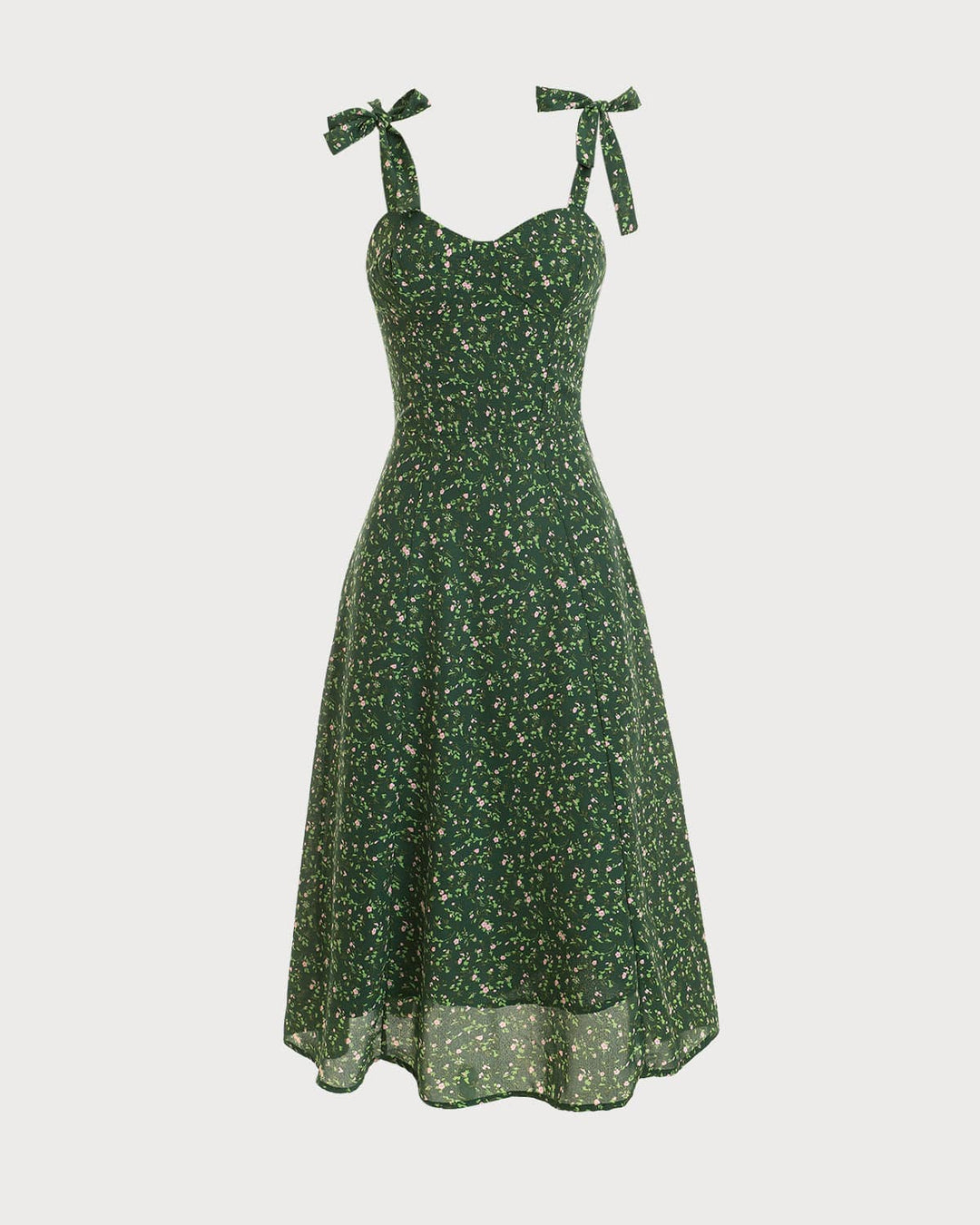 Elegante Abito Midi Floreale Scollo a Cuore Alta Vita