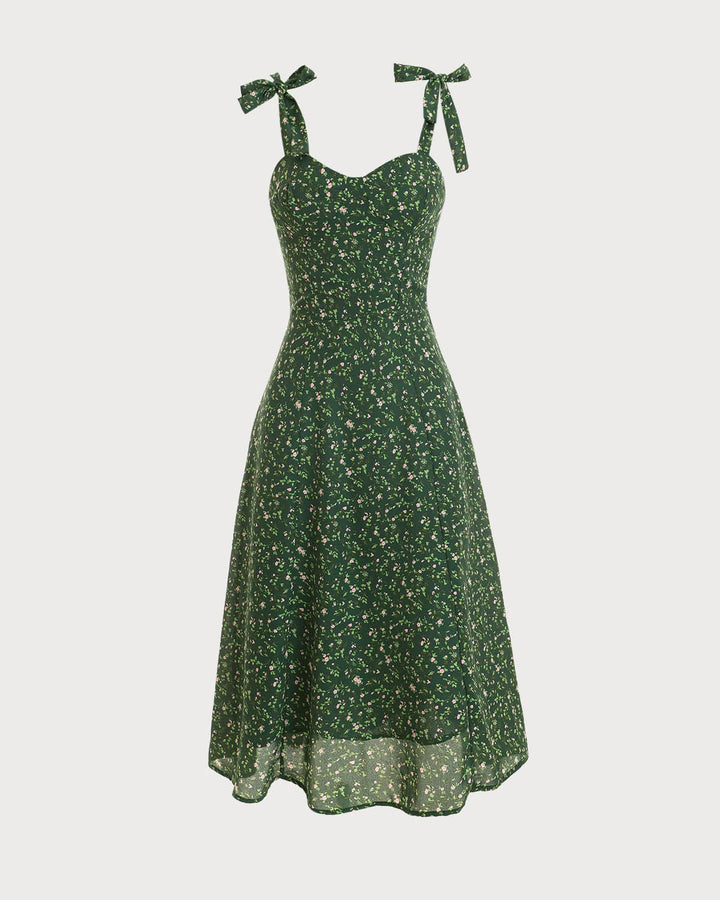 Elegante Abito Midi Floreale Scollo a Cuore Alta Vita