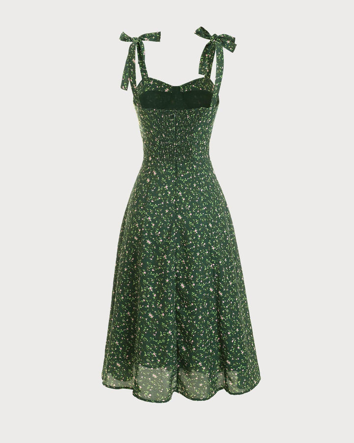 Elegante Abito Midi Floreale Scollo a Cuore Alta Vita