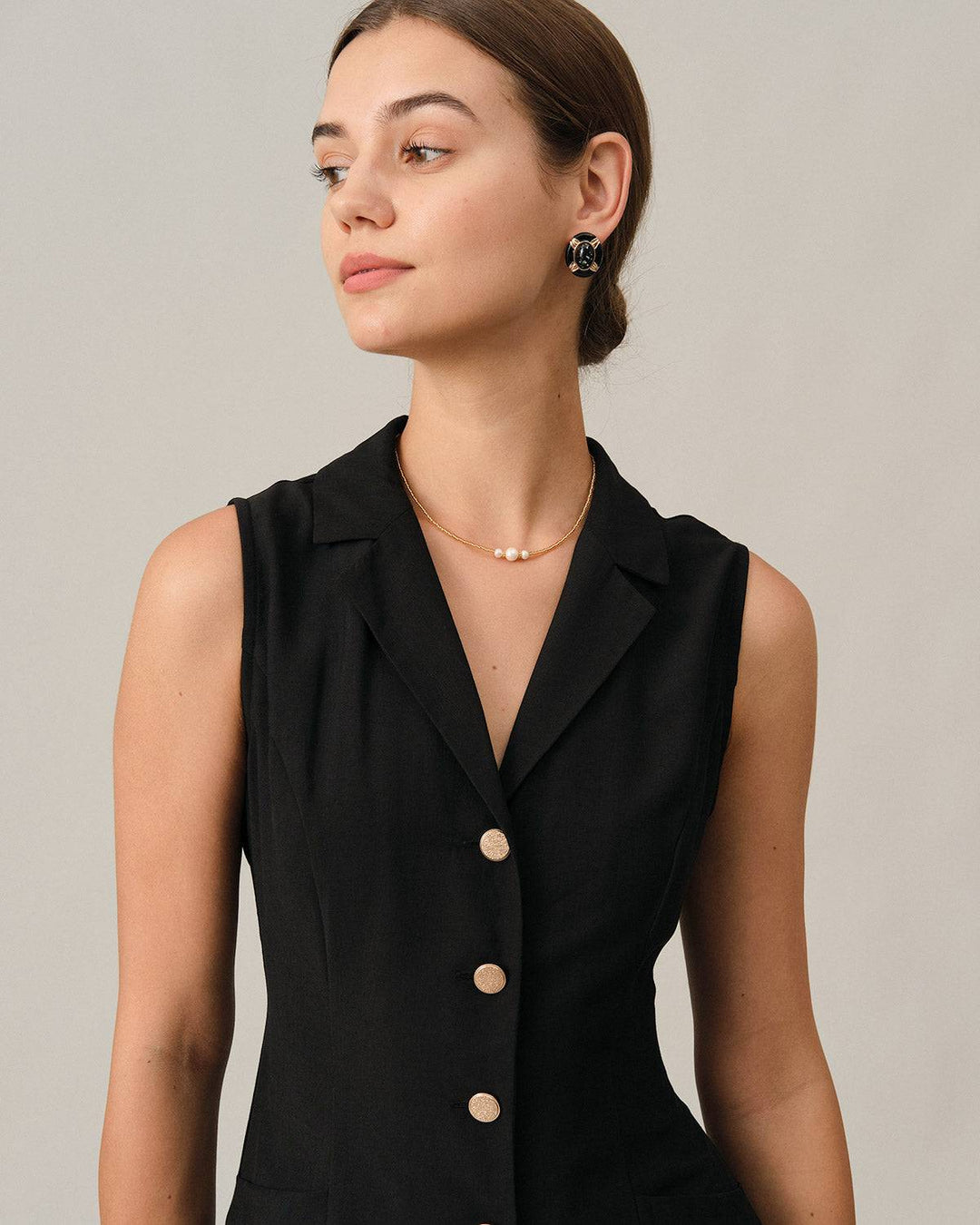 Elegante Abito Midi Nero Donna Scollo V Tunica Ufficio