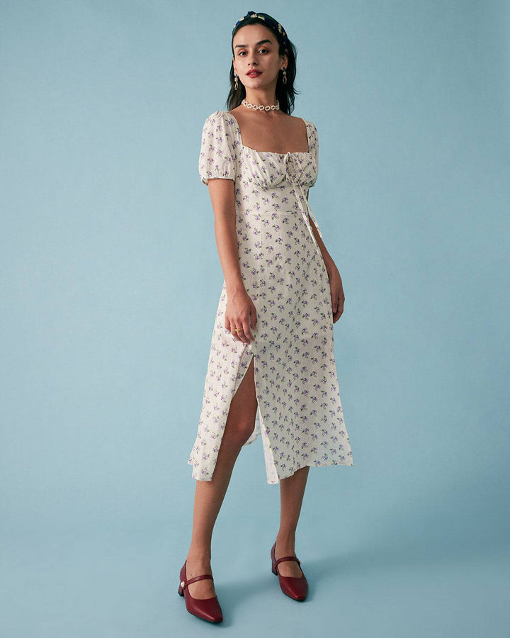Elegante Abito Midi Floreale Scollo Quadrato Arricciato
