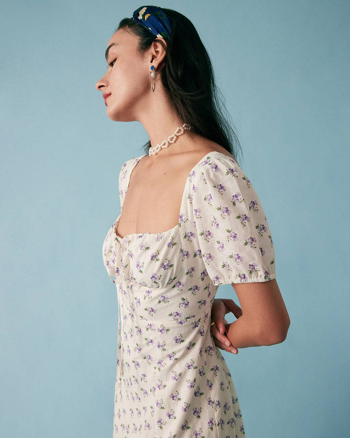 Elegante Abito Midi Floreale Scollo Quadrato Arricciato