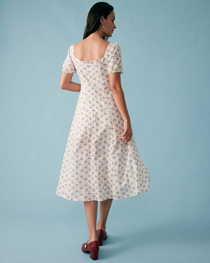 Elegante Abito Midi Floreale Scollo Quadrato Arricciato